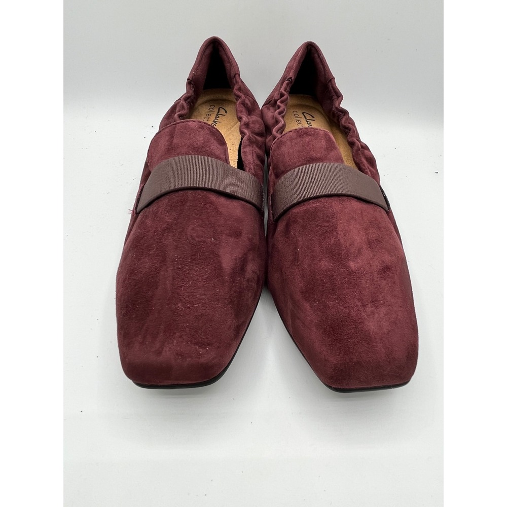 Clarks Pure Tone Burgundy Suede Square Toe Loafers Women Sz 9W Wide 261677925065